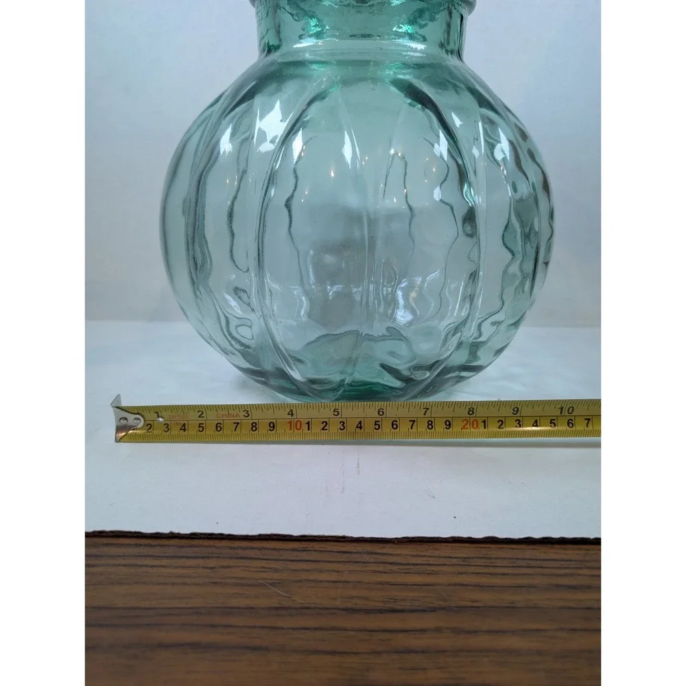 Vintage Green Glass Apothecary Jar Melon Pumpkin Shape Lid Made in Spain 14